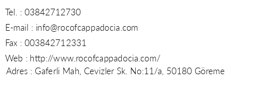 Roc Of Cappadocia telefon numaralar, faks, e-mail, posta adresi ve iletiim bilgileri